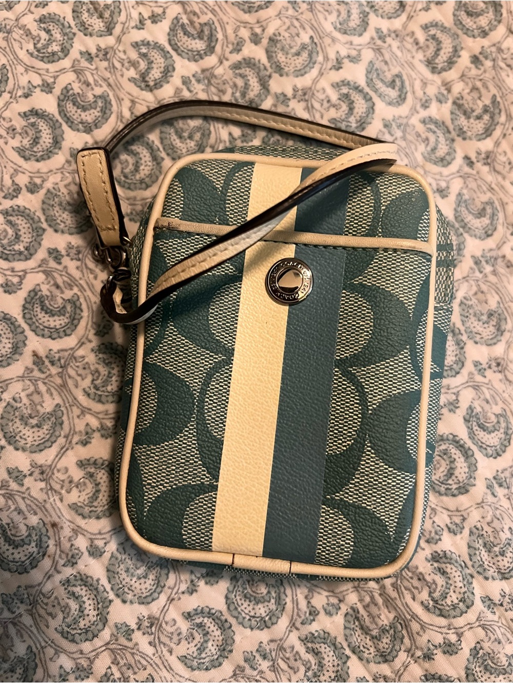 Coach Teal and Cream Signature Stripe Wristlet Crossbody